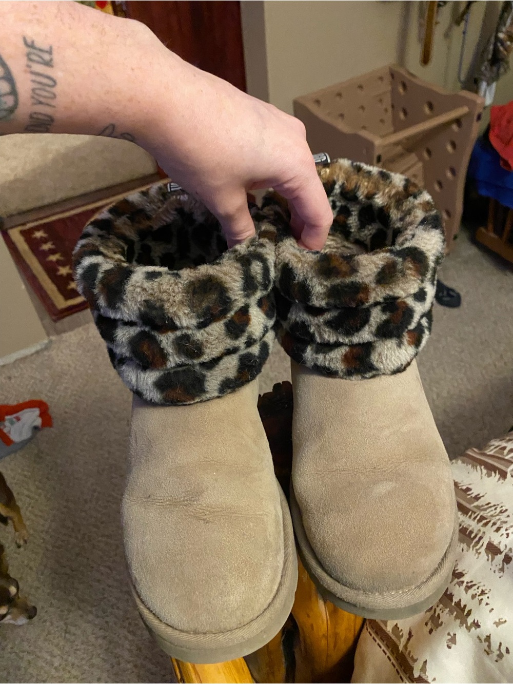UGG Tan Suede Ankle Boots with Leopard Print Faux-Fur Cuff